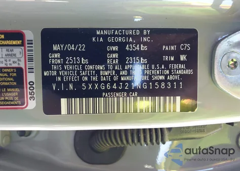 2022 Kia K5 Gt-Line из США, поврежденный, VIN 5XXG64J21NG158311